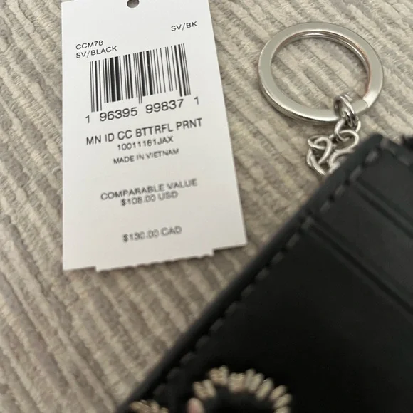 Coach Black Leather Card Case Keyring with Sequin Butterfly Accent - Picture 3 of 8